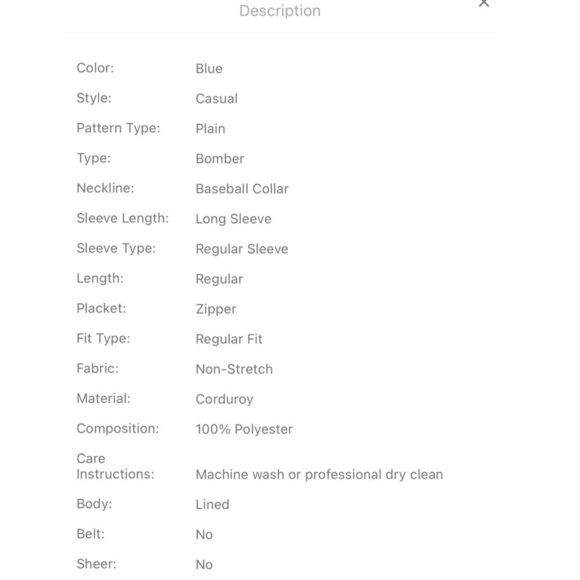 NEW SHEIN corduroy drop shoulder bomber jacket full zip blue medium - Picture 6 of 10